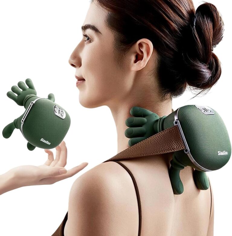 Woman receiving neck and shoulder massage from a green massage device held by another person.