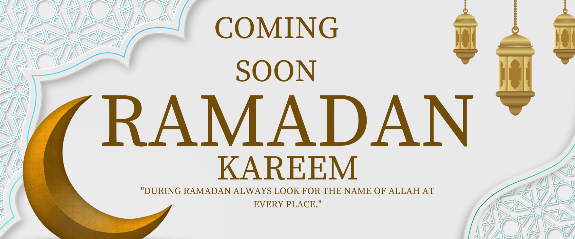 Promotional graphic for Ramadan Kareem with a gold crescent moon, Arabic text, and decorative elements on a light background.