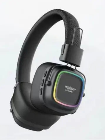 Black gaming headset with colorful accents on a light gray background
