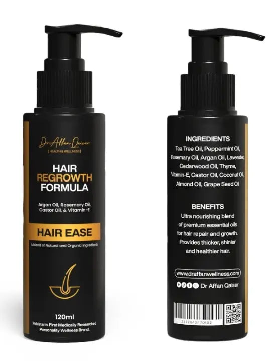 Two bottles of Hair Ease Hair Regrowth Formula with labels detailing ingredients and benefits on a white background.