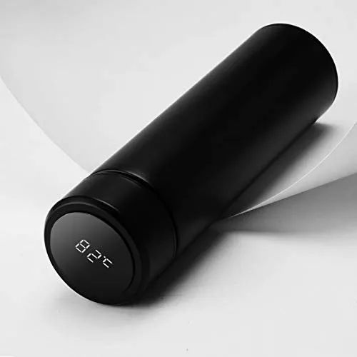 Black thermos with digital temperature display on a white background