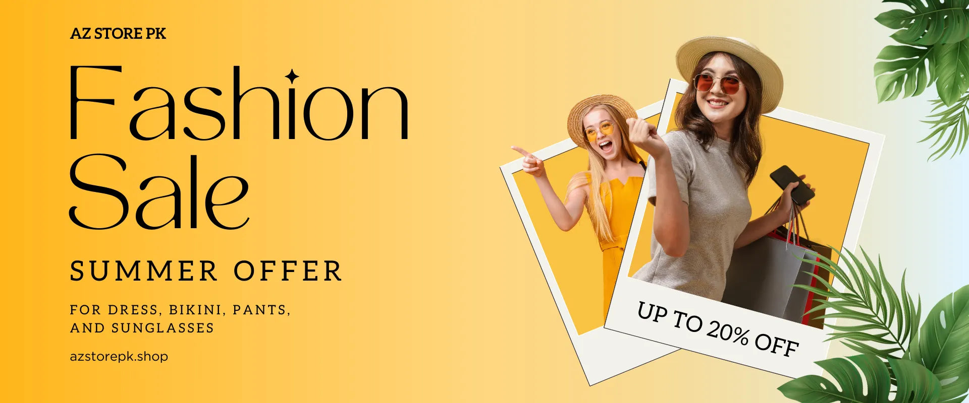 Promotional banner for a fashion sale with two women and text on a yellow background