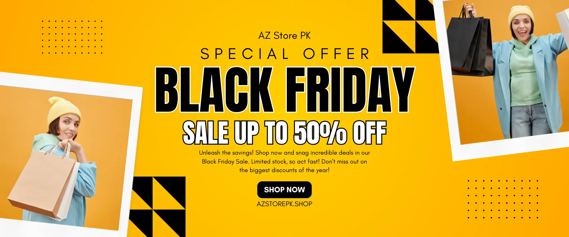 Black Friday sale banner with promotional text and images of people shopping.