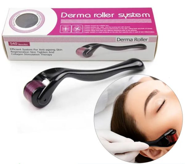 Derma roller system with packaging and close-up of use on skin