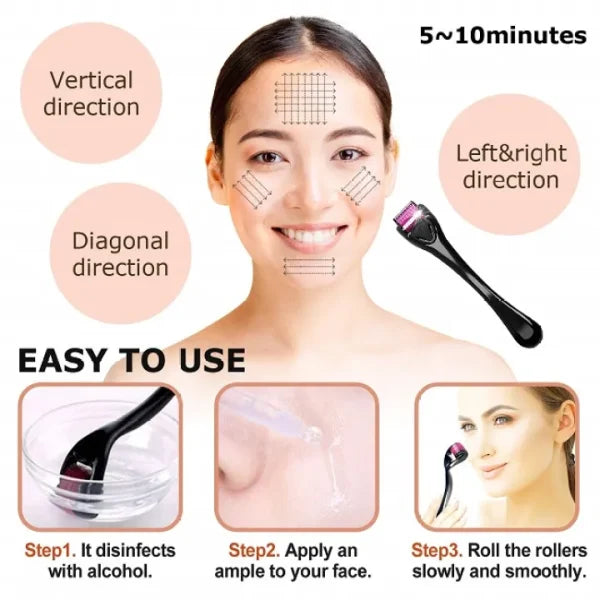 Woman using a facial roller with instructional steps and product image on a white background