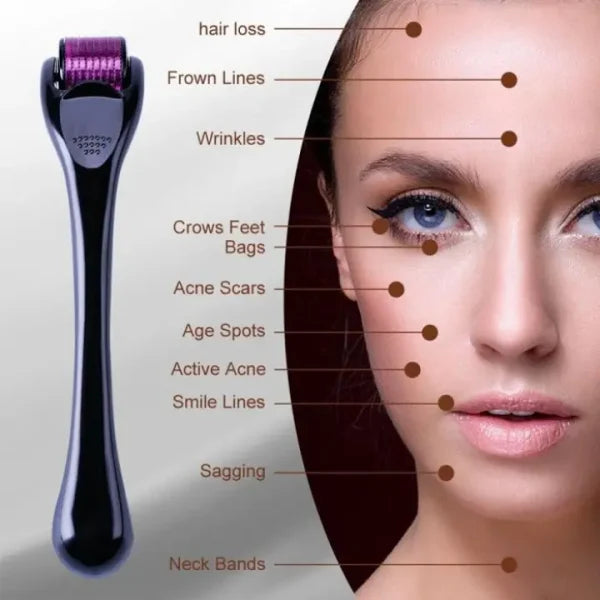 Facial roller device with labeled uses on a woman's face