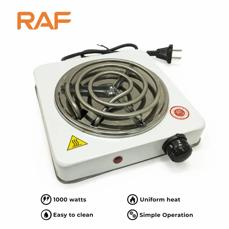 Single burner electric stove with RAF branding on a white background
