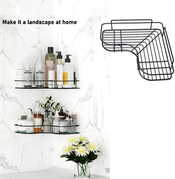 Bathroom shelf with toiletries and a decorative basket on a marble wall.