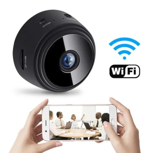 Smart camera with WiFi symbol and hands holding a phone showing a video call.