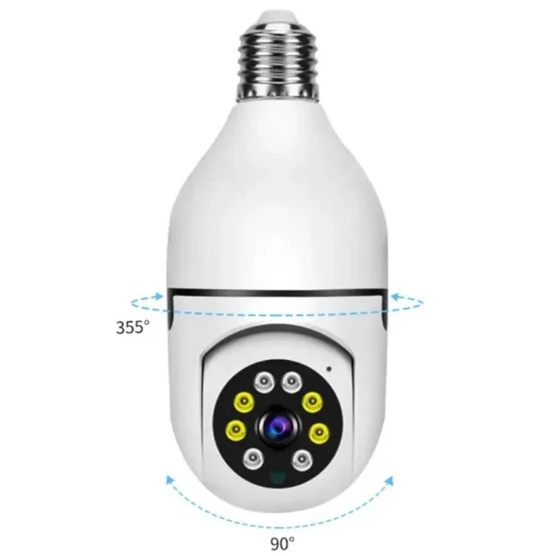 White security camera designed like a light bulb with a 360-degree view indicator on a white background.