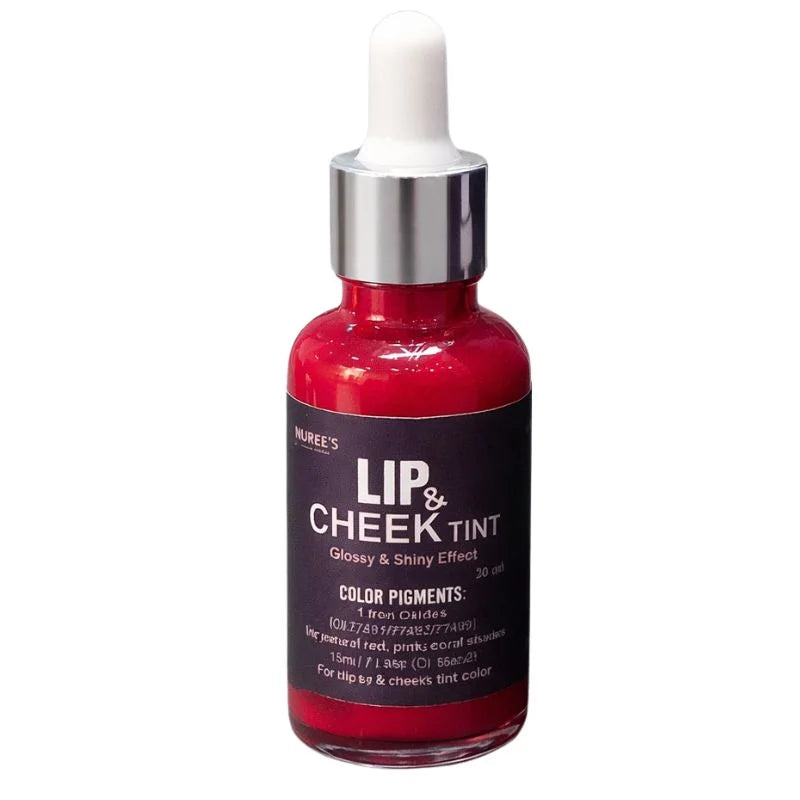 Bottle of lip and cheek tint with red liquid and black label on a white background