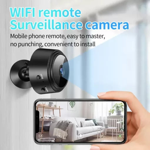 WIFI remote surveillance camera with smartphone app interface showing a living room.
