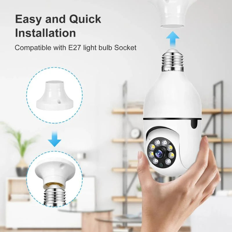 Smart light bulb with installation instructions and compatibility details on a blurred indoor background
