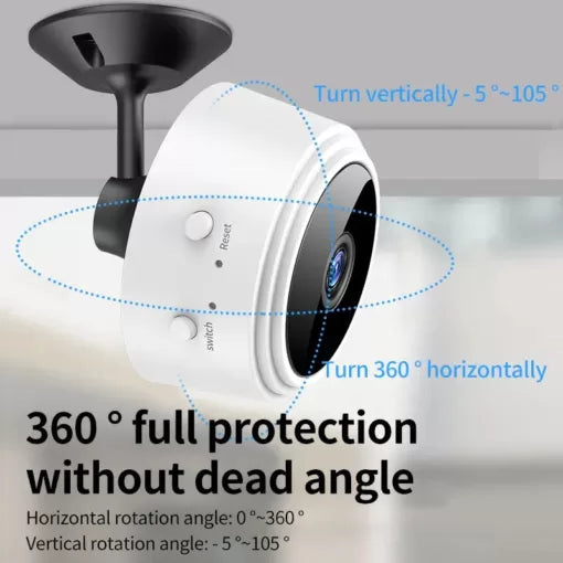 Ceiling-mounted security camera with 360-degree rotation capabilities on a neutral background.