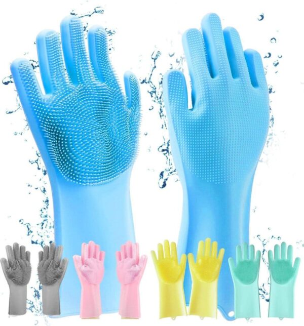 Set of blue cleaning gloves with textured surface, surrounded by smaller gloves in various colors on a white background.