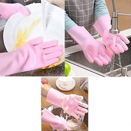 Collage of pink gloves being used for cleaning tasks around a kitchen.